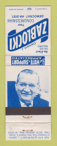 Matchbook Cover - Clement Zablocki Congress Election Milwaukee WI WEAR