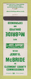Matchbook Cover - Jerry McBridge Clermont County Commissioner Batavia OH