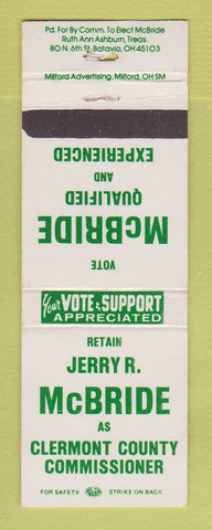Matchbook Cover - Jerry McBridge Clermont County Commissioner Batavia OH
