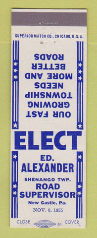 Matchbook Cover - Ed Alexander Shenango Township Road Supervisor New Castle PA