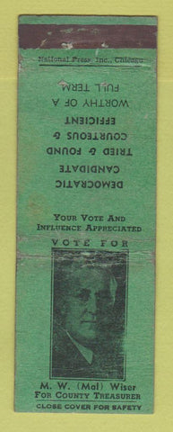 Matchbook Cover - WM Mal Wiser County Treasurer Election WORN