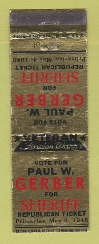 Matchbook Cover - Paul Gerber for Sheriff Election 1948 Stark County WEAR