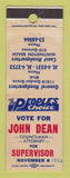 Matchbook Cover John Dean for Supervisor Election Huntington Beach CA 1962 WORN