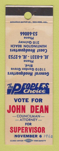Matchbook Cover John Dean for Supervisor Election Huntington Beach CA 1962 WORN