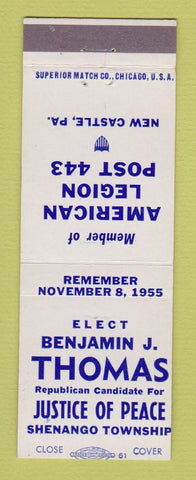 Matchbook Cover - Benjamin Thomas Justice of Peace Shenango Township PA