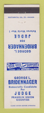 Matchbook Cover - George Bridenhager Judge Election Franklin Union County IN