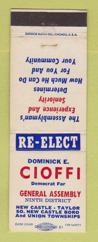 Matchbook Cover - Dominick Cioffi General Assembly Election New Castle PA