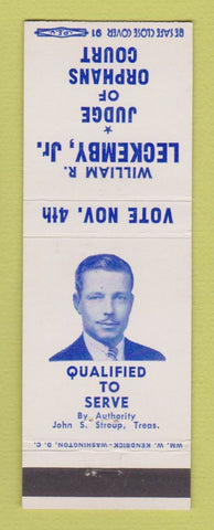 Matchbook Cover - William Leckemby Judge of Orphan Court