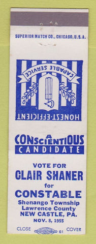 Matchbook Cover Clair Shaner Constable Election Shenango Township New Castle PA