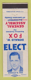 Matchbook Cover - Donald Fox General Assembly Election Lawrence County PA