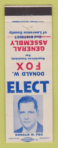 Matchbook Cover - Donald Fox General Assembly Election Lawrence County PA