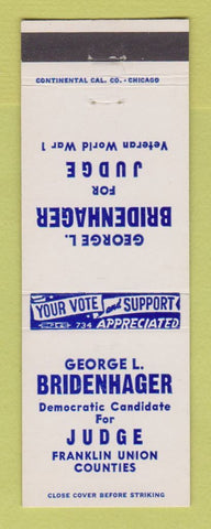 Matchbook Cover - George Bridenhager Judge Election Franklin Union County IN