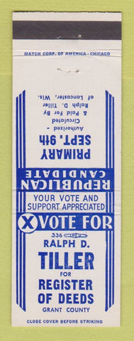 Matchbook Cover - Ralph Tiller Register of Deeds Lancaster WI