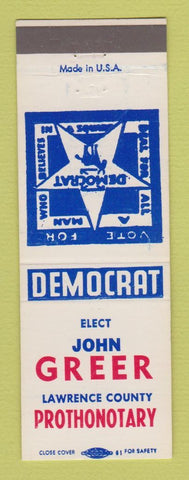 Matchbook Cover - John Greere Lawrence County Prothonotary PA