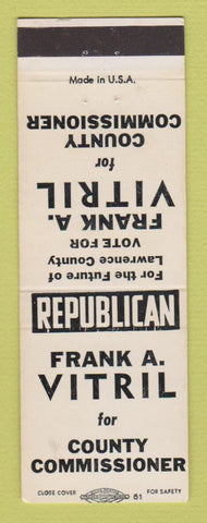 Matchbook Cover - Frank A Vitril County Commissioner Lawrence PA
