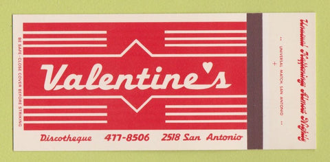 Matchbook Cover - Valentine's San Antonio TX Disco SAMPLE 30 Strike