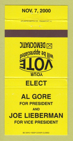 Matchbook Cover - Al Gore for President 2000 Joe Lieberman YELLOW 30 Strike