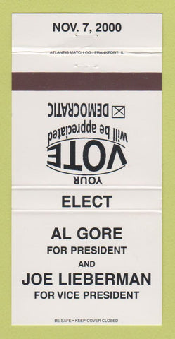 Matchbook Cover - Al Gore for President 2000 Joe Lieberman WHITE 30 Strike