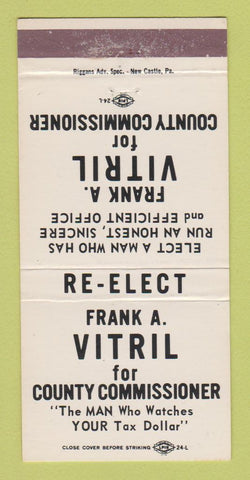 Matchbook Cover - Frank A Vitril County Commissioner Lawrence PA 30 Strike