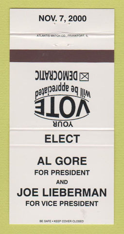 Matchbook Cover - Al Gore for President 2000 Joe Lieberman WHITE 30 Strike
