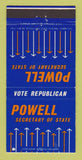 Matchbook Cover - Powell for Secretary of State Indiana 30 Strike