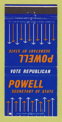 Matchbook Cover - Powell for Secretary of State Indiana 30 Strike