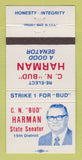 Matchbook Cover - CN Bud Harman State Senator Election 30 Strike