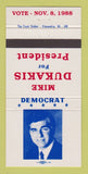 Matchbook Cover - Mike Dukakis for President 1988 30 Strike