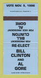 Matchbook Cover - Bill Clinton for President 1996 30 Strike