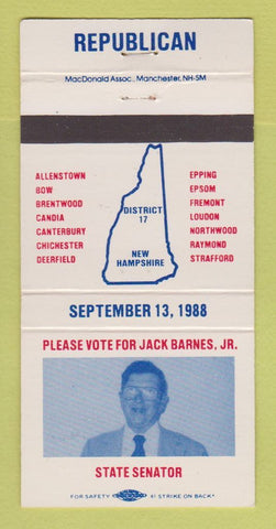 Matchbook Cover - Jack Barnes Jr State Senator NH New Hampshire 30 Strike