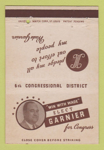 Matchbook Cover - Wade Garnier for Congress 40 Strike