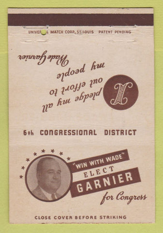 Matchbook Cover - Wade Garnier for Congress 40 Strike