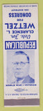 Matchbook Cover - Clarence Wetzel for Congress Election SAMPLE