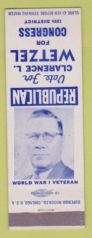 Matchbook Cover - Clarence Wetzel for Congress Election SAMPLE
