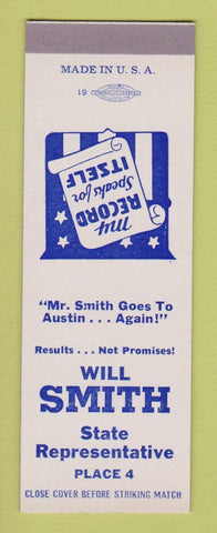 Matchbook Cover - Will Smith State Rep TX Texas SAMPLE