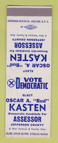 Matchbook Cover - Oscar Kasten Assessor Election Jefferson County WEAR SAMPLE