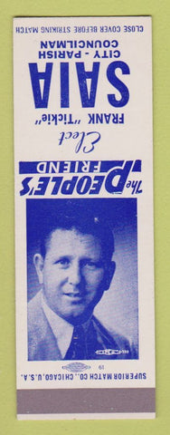 Matchbook Cover - Frank Tickie Saia City Parish Councilman SAMPLE