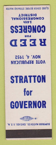 Matchbook Cover William Stratton Governor IL Illinois Reed Congress 1952 SAMPLE