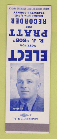 Matchbook Cover - RJ Bob Pratt Recorder Tazewell County 1952 SAMPLE