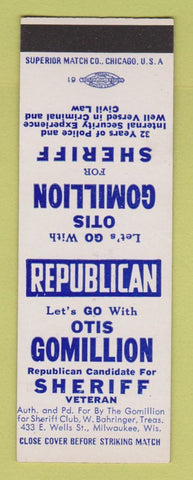Matchbook Cover - Otis Gomillion Sheriff Election Milwaukee WI SAMPLE