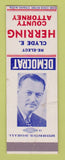 Matchbook Cover - Clyde Herring County Attorney Election WORN CREASED SAMPLE