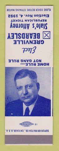 Matchbook Cover - Grenville Beardsley State's Attorney Election 1952 SAMPLE