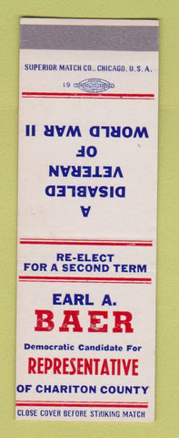 Matchbook Cover - Earl Baer Rep Election Chariton County SAMPLE