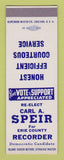 Matchbook Cover - Carl Speir Erie County Recorder Election SAMPLE