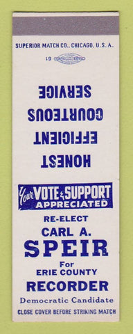 Matchbook Cover - Carl Speir Erie County Recorder Election SAMPLE