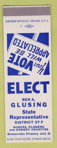 Matchbook Cover - Ben Glusing State Rep Nueces Kleberg Kenedy TX SAMPLE