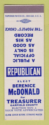 Matchbook Cover - Berenice McDonald Treasurer Election Garfield County SAMPLE