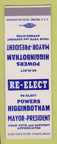 Matchbook Cover - Powers Higginbotham Mayor President Election SAMPLE