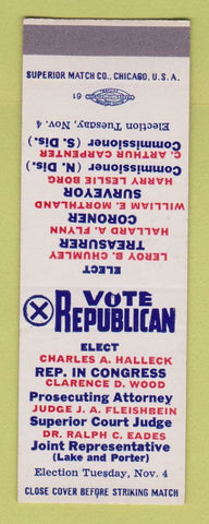 Matchbook Cover - Charles Halleck for Congress Clarence Woods SAMPLE