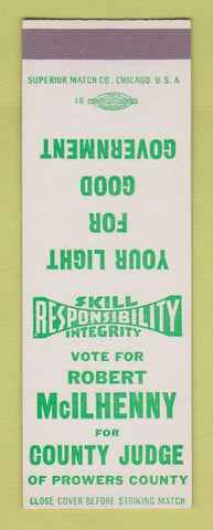 Matchbook Cover - Robert McIlhenny County Judge Prowers SAMPLE